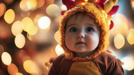 Wall Mural - Baby in turkey costume surrounded by festive lighting capturing Thanksgiving joy