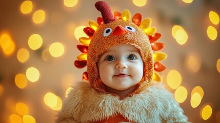 Wall Mural - Baby in turkey costume surrounded by festive lighting capturing Thanksgiving joy