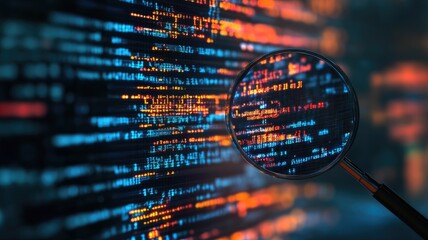 Magnifying glass highlighting colorful lines of computer code on monitor