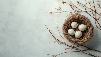 Wall Mural - Bird's nest with four eggs on gray surface surrounded by branches