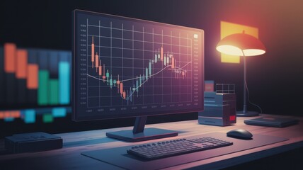 Wall Mural - Dimly Lit Room Featuring a Desk with a Modern Monitor Displaying Financial Charts and Data Alongside Ambient Lighting Elements