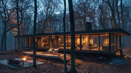 Canvas Print - A modern glass house nestled in a forest, illuminated at dusk, blending nature and architecture.