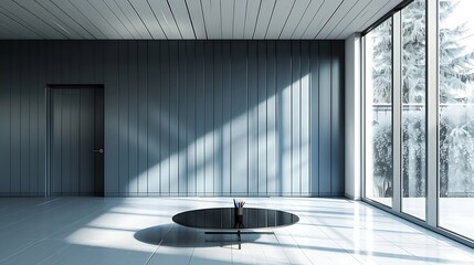 Canvas Print - A modern, minimalistic interior space featuring a round table and large windows with natural light.