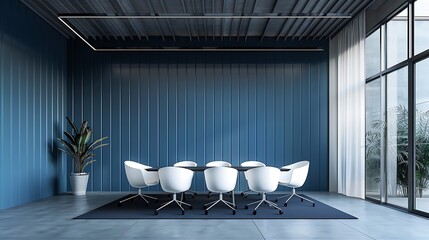 Canvas Print - A modern conference room with a round table, white chairs, and large windows showcasing greenery outside.