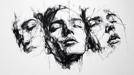Aufkleber - Black and white ink portraits capture intense emotions with powerful shadows and expressive line work, showcasing the depth of human feelings. Generative AI