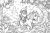 A whimsical gnome with a pointed hat rides a cheerful pony through a lush forest filled with vibrant plants and trees.