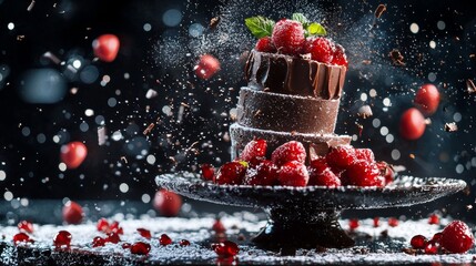 Wall Mural - Chocolate cake with raspberries and powdered sugar