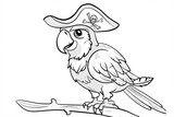A playful cartoon parrot wearing a pirate hat, perched on a branch, ready for adventure and fun.