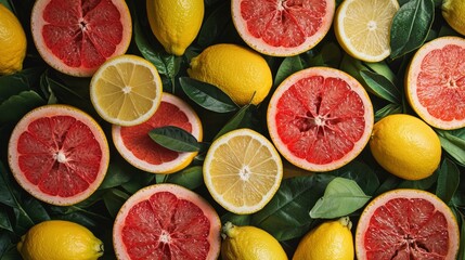 Poster - Close-up of fresh grapefruits and lemons with green leaves