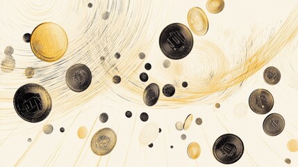 Fototapete - Abstract drawing features coins and price tags cascading downward, creating a dynamic visual representation of commerce and value. Generative AI