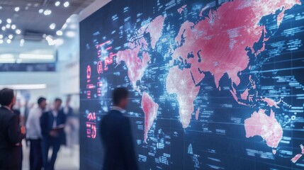 Leinwandbilder - At a technology exposition, attendees engage with a massive digital map highlighting global connections and data flows.
