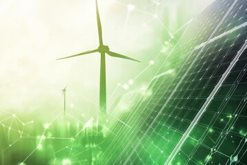 Poster - Solar panels shine alongside wind turbines in a minimalistic outdoor setting, showcasing the integration of renewable energy technologies and nature. Generative AI