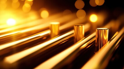 Poster - A close-up view of gleaming golden rods, highlighting their shiny surfaces and reflecting warm light, creating an elegant and luxurious atmosphere.