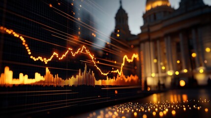 Poster - A digital representation of fluctuating financial data, featuring orange graphs against a cityscape backdrop, suggesting market dynamics and economic trends.