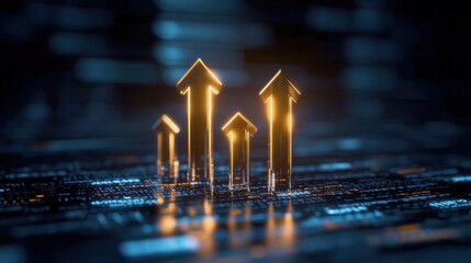 Poster - A futuristic image depicting golden upward arrows on a digital background, symbolizing growth, progress, and success in technology or finance.