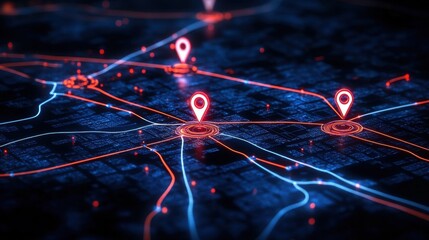 Poster - A digital map with glowing lines and location markers, showcasing a network of pathways and connections in a futuristic design.