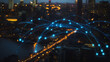 © Teeraphon - Smart digital Innovation Business skyscrapers in the Financial District with connection network reciprocity over the cityscape. of future smart wireless digital city and social media networking