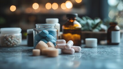 Wall Mural - Glass jar of pills with blurred background