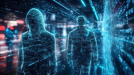 Poster - Cybersecurity concept depicting data-formed human figures navigating a digital city streetscape at night.