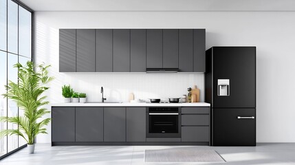 Wall Mural - Monochrome Galley Kitchen with Clean White Backsplash and Black Appliances