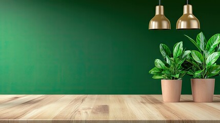 Wall Mural - Modern minimalist kitchen display featuring elegant plants and stylish hanging lamps against a green background