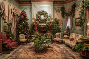 This cozy Victorian living room is beautifully decorated for Christmas, featuring a grand tree, vibrant greenery, and traditional holiday ornaments throughout the space.