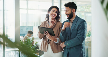 Poster - Happy, business people and meeting with tablet for discussion, proposal or project plan at office. Businessman, woman or colleagues with smile on technology for company growth or ideas at workplace