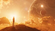 © Lume Origin Visuals - Awe-Inspiring Cosmic Landscape with Silhouette of a Person Gazing at a Distant Planet in a Golden-Hued Sky Surrounded by Stars and Cosmic Wonders