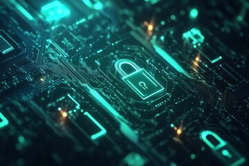 Fototapete - Colorful padlocks and keys are artistically arranged within an abstract digital landscape, emphasizing security and technology concepts. Generative AI