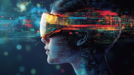 Poster - A person wearing advanced virtual reality goggles enjoys an immersive experience in a vibrant, futuristic setting.