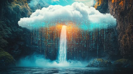 Aufkleber - A vibrant waterfall flows from a luminous cloud, creating a mesmerizing blend of water and digital elements. The surrounding forest adds a touch of nature's beauty during the enchanting dusk light.