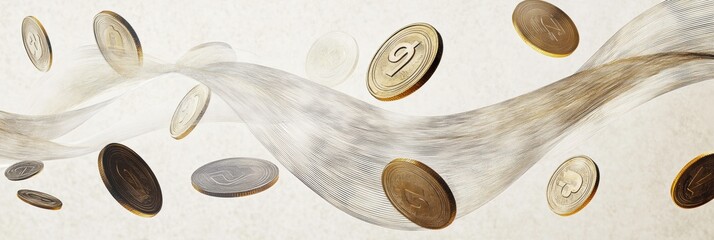 Fototapete - Falling coins and price tags create a mesmerizing abstract display with flowing lines and textures that convey movement and value. Generative AI