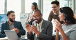 © peopleimages.com - Excited business people, winner and celebration in promotion, announcement or negotiation success at office. Group of employees, clapping or applause for partnership, prize or workplace contract goal