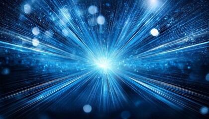 Wall Mural - A burst of blue glitter radiating from the center, with light beams and bokeh effects spread 