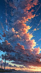 Wall Mural - Sunset Sky with Orange Clouds on Twilight Illustration Anime Wallpaper