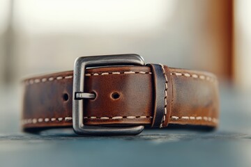 A close-up of a weathered leather belt showcases detailed stitching and a robust buckle, emphasizing craftsmanship and timeless style.