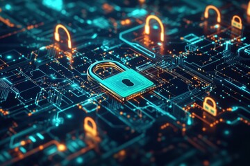 Leinwandbilder - A vivid digital composition illustrates padlocks and keys integrated into a high-tech network, emphasizing security and technology themes. Generative AI