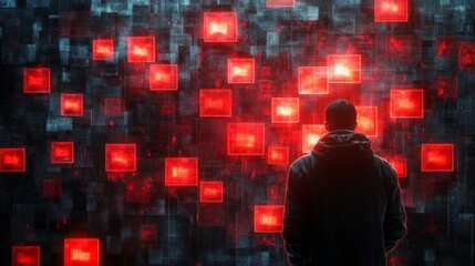 Poster - A person stands in front of a captivating digital art installation featuring glowing red squares against a dark background.