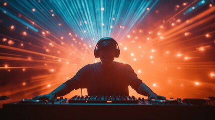 Wall Mural - DJ with headphones playing music in a club with lasers