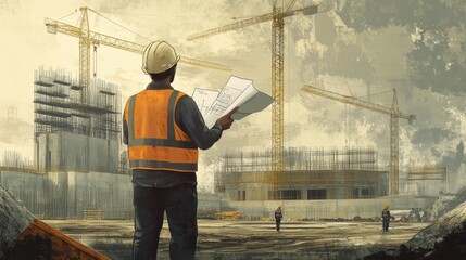 Fototapete - An engineer stands on a construction site at dusk, holding blueprints and overseeing ongoing work with cranes towering above. Generative AI