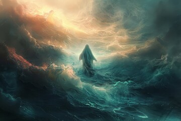 Wall Mural - A mysterious figure stands amidst powerful ocean waves, illuminated by a vibrant sunset as swirling clouds create a mesmerizing backdrop that enhances the dreamlike atmosphere.