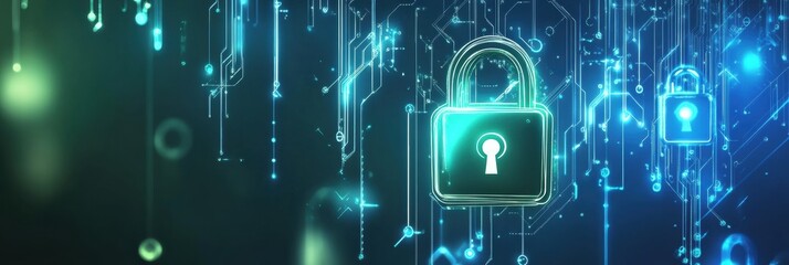 Fototapete - A visually striking abstract artwork displays a network of padlocks and keys, symbolizing security in a digital environment. Generative AI