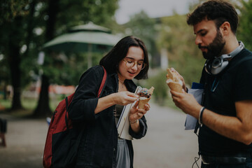 Poster - A group of multicultural students relax in the park, sharing ice cream and laughter during a break from classes, enjoying a moment of friendship and leisure in a natural setting.