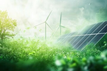Poster - Solar panels and wind turbines stand prominently in a vibrant green landscape, showcasing renewable energy in harmony with nature. Generative AI