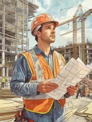 Fototapete - An engineer stands on a construction site, studying blueprints as workers and cranes operate around him, indicating progress in daylight. Generative AI