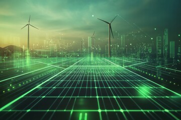 Aufkleber - A modern energy scene features solar panels and wind turbines amid a minimal backdrop, with abstract green patterns adding light. Generative AI