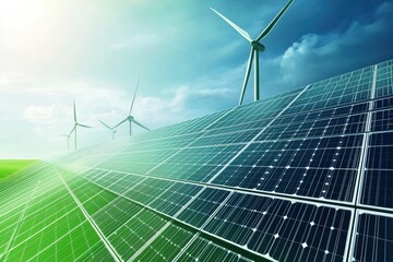 Poster - A blend of solar panels and wind turbines showcases sustainable energy solutions in an eco-friendly environment with clear skies and green patterns. Generative AI