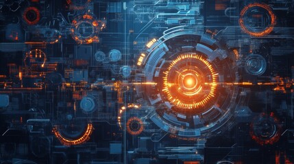 Fototapete - The image features a digital interface with a central glowing orange circle surrounded by smaller circles and lines. The background is a dark blue with a variety of orange and blue lines and shapes.