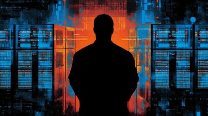 Poster - A person stands silhouetted against glowing server racks, illuminated by vibrant blue and orange lights.