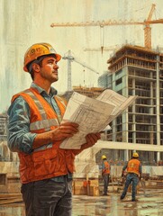 Fototapete - An engineer stands on a construction site, holding blueprints and surveying the ongoing work at a busy building development area. Generative AI